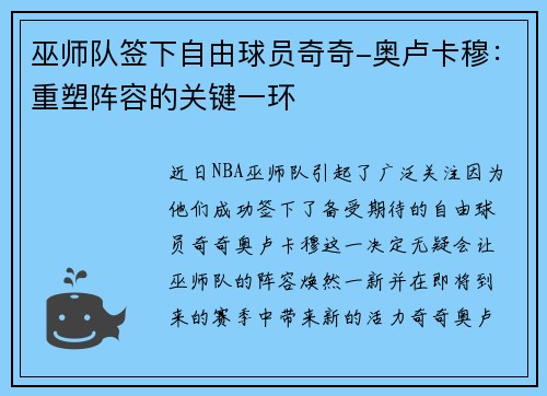 巫师队签下自由球员奇奇-奥卢卡穆：重塑阵容的关键一环
