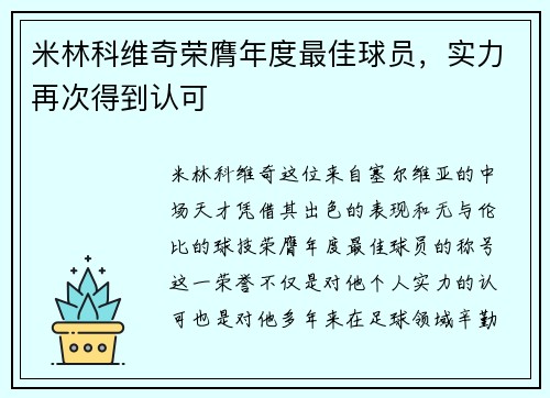 米林科维奇荣膺年度最佳球员，实力再次得到认可
