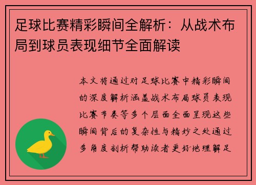 足球比赛精彩瞬间全解析：从战术布局到球员表现细节全面解读