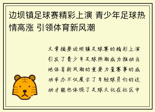 边坝镇足球赛精彩上演 青少年足球热情高涨 引领体育新风潮