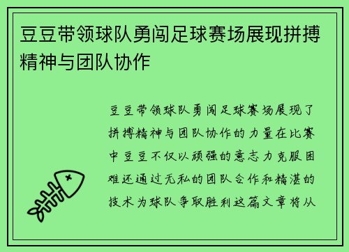 豆豆带领球队勇闯足球赛场展现拼搏精神与团队协作