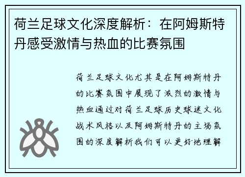 荷兰足球文化深度解析：在阿姆斯特丹感受激情与热血的比赛氛围