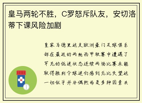 皇马两轮不胜，C罗怒斥队友，安切洛蒂下课风险加剧