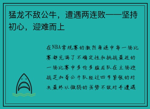 猛龙不敌公牛，遭遇两连败——坚持初心，迎难而上
