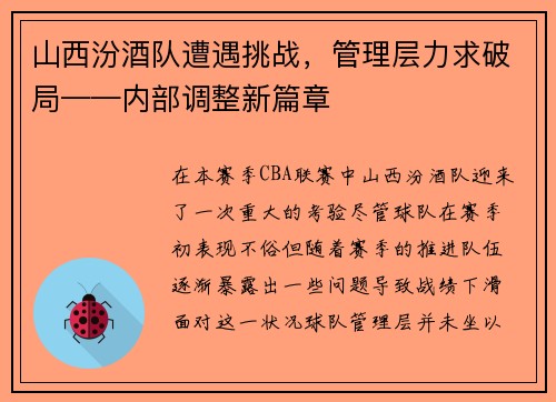 山西汾酒队遭遇挑战，管理层力求破局——内部调整新篇章