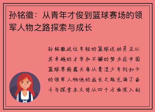 孙铭徽：从青年才俊到篮球赛场的领军人物之路探索与成长