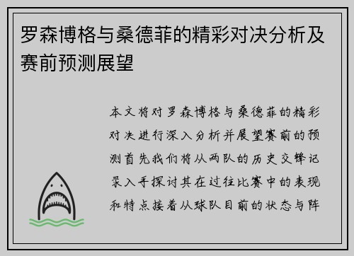 罗森博格与桑德菲的精彩对决分析及赛前预测展望