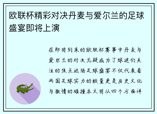 欧联杯精彩对决丹麦与爱尔兰的足球盛宴即将上演