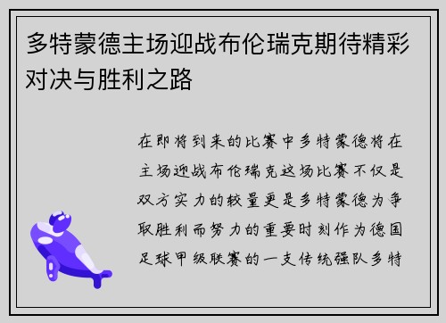 多特蒙德主场迎战布伦瑞克期待精彩对决与胜利之路