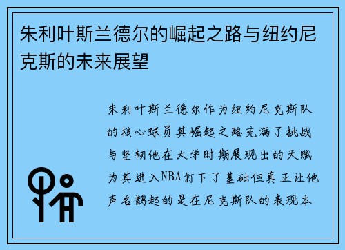 朱利叶斯兰德尔的崛起之路与纽约尼克斯的未来展望