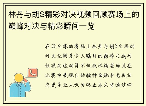 林丹与胡S精彩对决视频回顾赛场上的巅峰对决与精彩瞬间一览